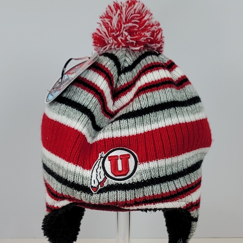 Zephyr Utah Utes Beanie Hat Colorado Collection Striped Knit Earflap Pom Red New